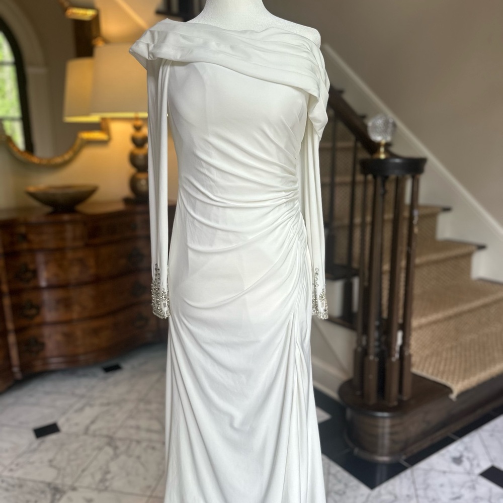 Mac Duggal White Beaded Cuff Drop Shoulder Faux Wrap Gown - NEVER WORN